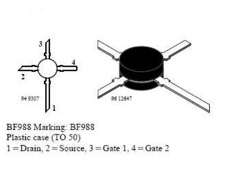 Obrázek zboží BF988 N FET 12V/30nA 0,2W 800MHz dualgate UHF - VISHAY