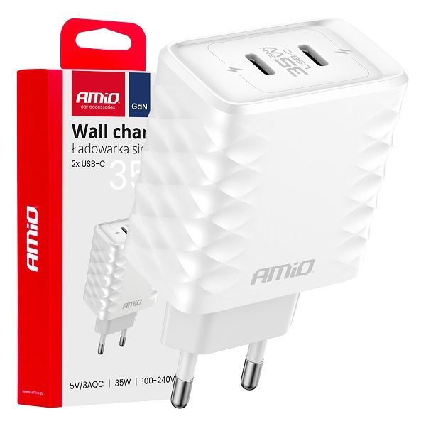 Ilustrační foto Napáječ, síťový adaptér 2XUSB-C, 35W, 100-240V AMIO Obrázek zboží Napáječ, síťový adaptér 2XUSB-C, 35W, 100-240V AMIO
