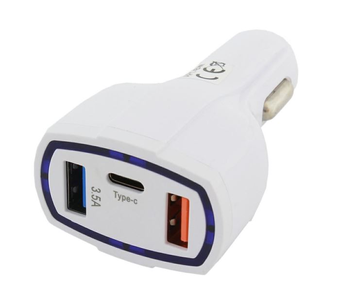 Obrázek zboží Autoadaptér do auta Quick Charge 3.0 QC3.0 2xUSB / USB Typ C bilá