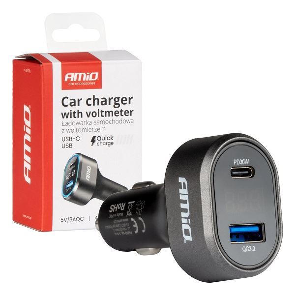 Obrázek zboží Autoadaptér s voltmetrem 48W PD30W QC3.0 USB-A USB-C AMIO