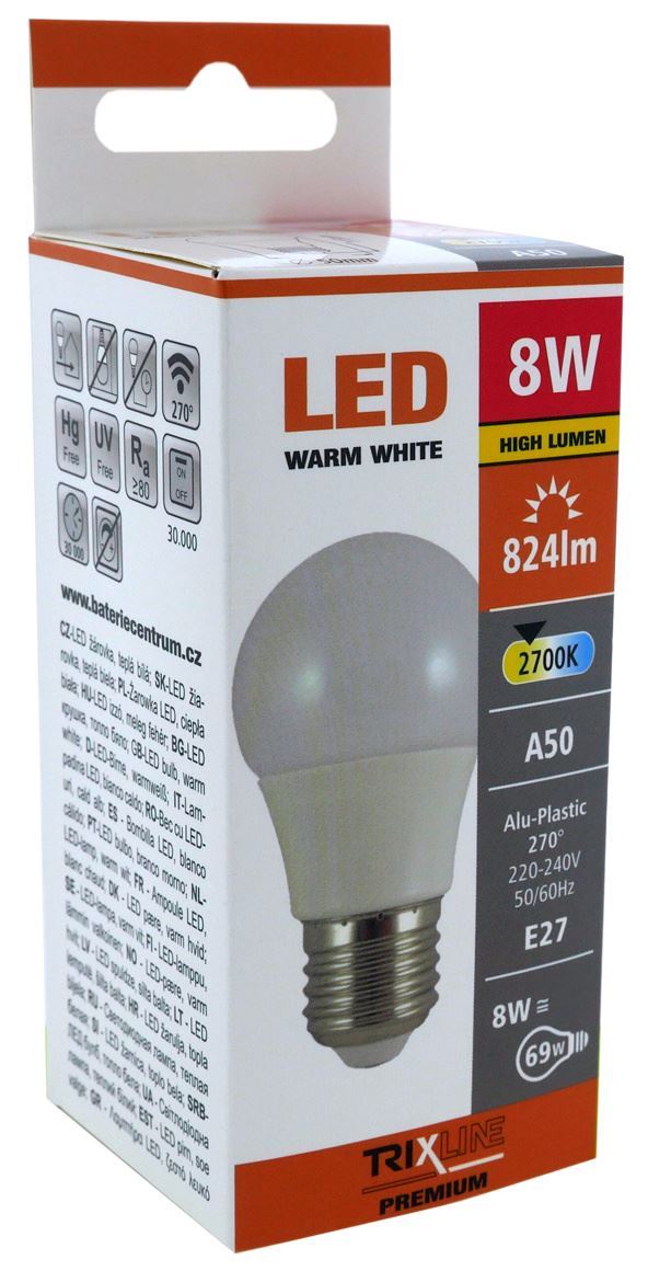 Obrázek zboží Žárovka LED TRIXLINE 8W E27 A50 teplá bílá