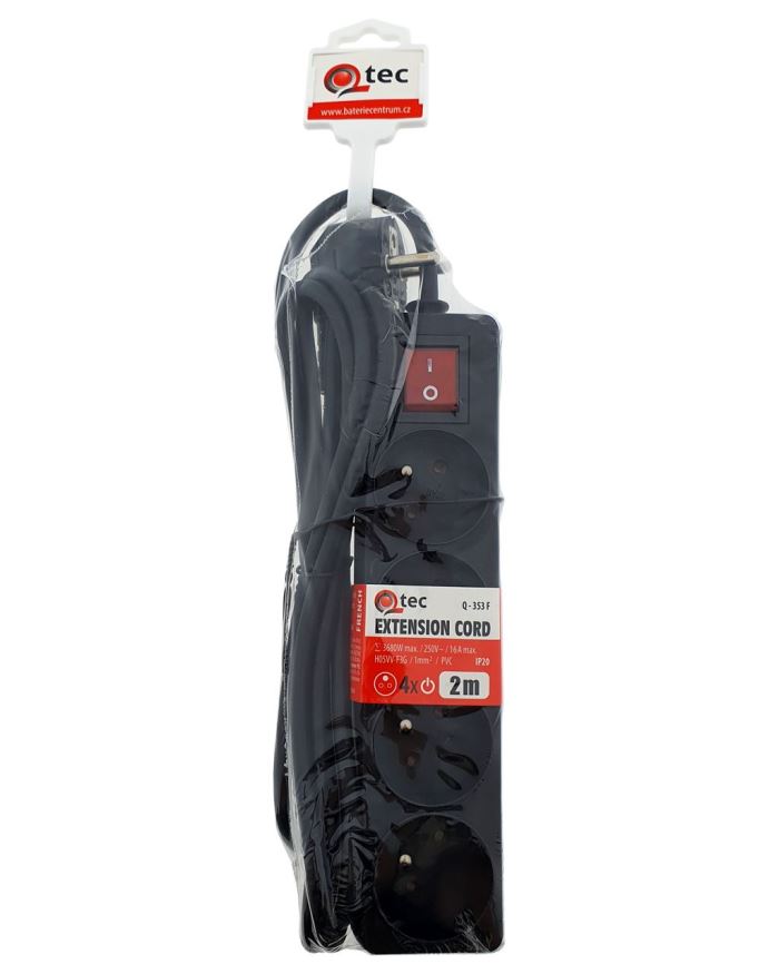 Obrázek zboží Prodlužovací přívod 2m-4x10A + vypínač, 3x1mm2, černá, OTEC