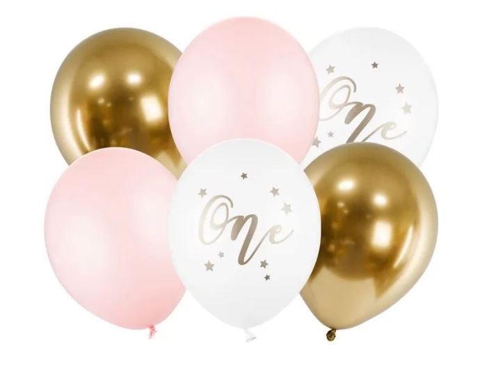 Obrázek zboží Narozeninové balónky ONE,bílé, zlaté, růžové 30cm, 5ks