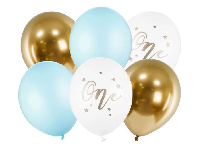 Obrázek zboží Narozeninové balónky ONE,bílé, zlaté, modré 30cm, 5ks